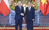 兩國元首友好握手。（圖源：越通社）