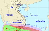 據中央水文氣象預報中心副主任黃德強表示，16號颱風有可能於本月25日晚至26日上午直接影響到陸地，預報影響範圍從平順省南面至金甌省。圖為16號颱風的移動方向。（圖源：中央水文氣象預報中心）