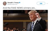 美國總統特朗普當地時間17日在社交媒體推特上發佈了他選出的2017年度“假新聞獎”。《紐約時報》《華盛頓郵報》以及美國有線電視新聞網等多家美國主流媒體“榜上有名”。（圖源：特朗普Twitter截圖）