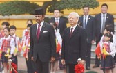 總書記、國家主席阮富仲（前右）主持歡迎汶萊國王隆重儀式。（圖源：山松）