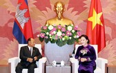 國會主席阮氏金銀(右)與柬埔寨王國國會主席韓桑林舉行會談。（圖源：越通社）
