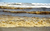 榕桔經濟區海水呈異常漆黑，海浪濺起黃色泡沫現象。（圖源：陳梅）