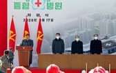朝鮮國務委員會委員長金正恩出席平壤綜合醫院動工儀式。（圖源：AP）