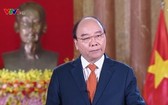 國家主席阮春福4月20日以視頻方式出席博鰲亞洲論壇並發表演講。（圖源：VTV）
