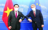 越南國會主席王廷惠與歐洲議會主席薩索利合影。（圖源：越通社）
