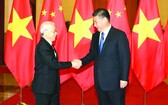 中國總書記、國家主席習近平於 2017 年迎接來訪的黨中央總書記阮富仲。（圖源：越通社）