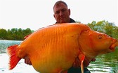 哈克特抱著自己釣起來的金魚合影留念。（圖：Bluewater Lakes臉書）