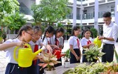 富潤郡胡文華小學的師生們正照料盆栽。