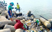 近200名共青團團員及青年志願者在沿海岸打掃塑料垃圾。