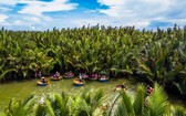 遊客在會安七畝椰子林河上乘坐籮筐參觀。
