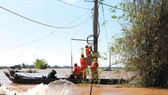 Thi công lưới điện trong mùa lũ tại huyện Hồng Ngự, tỉnh Đồng Tháp