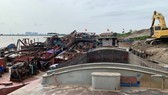Các tàu khai thác cát trái phép trên Sông Hồng. Ảnh: TTXVN