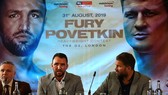 Hughie (trái) và ông bầu Eddie Hearn trong buổi họp báo giới thiệu trận thượng đài với Povetkin