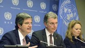Từ trái sang: Đại sứ Pháp tại LHQ Francois Delattre và Đại sứ Đức tại LHQ Christoph Heusgen tại buổi họp báo ở trụ sở LHQ ngày 1-3. Nguồn: KYODO