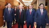 Tổng Bí thư Nguyễn Phú Trọng, Chủ tịch nước Nguyễn Xuân Phúc, Thủ tướng Chính phủ Phạm Minh Chính, Chủ tịch Quốc hội Vương Đình Huệ và các đại biểu tới dự phiên khai mạc kỳ họp thứ 4 Quốc hội khóa XV, sáng 20-10-2022. Ảnh: QUANG PHÚC