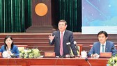 Chairman of HCMC People’s Committee Nguyen Thanh Phong is delivering his speech in the meeting. (Photo: SGGP)