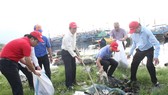 Deputy minister of the Ministry of Natural Resources and Environment participates in the program to clean the beach. (Photo: SGGP)