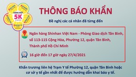 Khẩn: Tìm người từng đến phòng giao dịch Tân Bình của Ngân hàng Shinhan Việt Nam