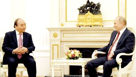 Chủ tịch nước Nguyễn Xuân Phúc hội đàm với Tổng thống Nga Vladimir Putin. Ảnh: TTXVN