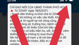 Thông tin lan truyền trên mạng xã hội về “Chỉ đạo mới của UBND TPHCM từ 22 giờ ngày 18-5-2021” là giả mạo