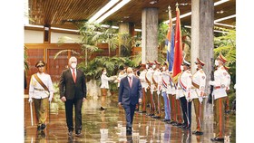 Chủ tịch nước Nguyễn Xuân Phúc và Bí thư thứ nhất Ban Chấp hành Trung ương Đảng Cộng sản Cuba, Chủ tịch Hội đồng Nhà nước và Hội đồng Bộ trưởng Cộng hòa Cuba Miguel Díaz-Canel, duyệt đội danh dự. Ảnh: TTXVN