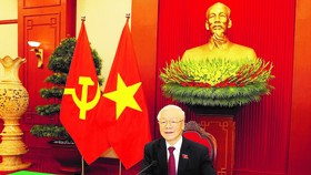 Tổng Bí thư Nguyễn Phú Trọng điện đàm trực tiếp với Tổng thống Liên bang Nga Vladimir Putin. Ảnh: TTXVN