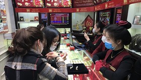 Khách hàng giao dịch vàng miếng. (Ảnh: Đức Duy/Vietnam+)