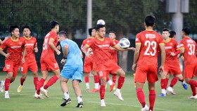 Các cầu thủ trên sân tập tối 14-10