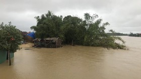 Lũ trên sông Trà Bồng, tỉnh Quảng Ngãi tràn qua xóm Đồng Min. Ảnh: NGUYỄN TRANG
