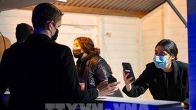 Nhân viên kiểm tra chứng nhận Covid-19 của du khách tại hội chợ Giáng sinh ở Brussels, Bỉ ngày 27-11-2021. Ảnh: THX/TTXVN