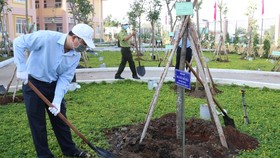 Deputy Secretary of the HCMC Party Committee Nguyen Ho Hai is planting a tree at the ceremony. (Photo SGGP)