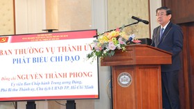 Chủ tịch UBND TPHCM Nguyễn Thành Phong phát biểu chỉ đạo tại Đại hội Đảng bộ Khối Ngân hàng TPHCM. Ảnh: VIỆT DŨNG