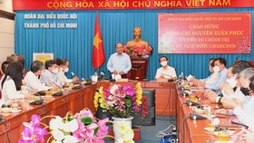 Chủ tịch nước Nguyễn Xuân Phúc phát biểu trong buổi thăm Đoàn đại biểu Quốc hội TPHCM. Ảnh:VIỆT DŨNG