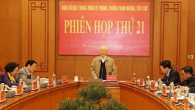 Tổng Bí thư Nguyễn Phú Trọng, Trưởng Ban Chỉ đạo Trung ương về phòng, chống tham nhũng, tiêu cực, chủ trì phiên họp thứ 21 của Ban Chỉ đạo. Ảnh: TTXVN