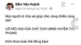 Chủ tịch huyện Tuy Phong đăng facebook kêu gọi người dân không tiếp tay cho kẻ xấu