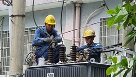 Nhân viên EVNHCMC kiểm tra lưới điện để đảm bảo  an toàn điện trong mùa mưa