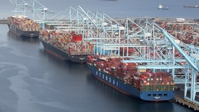 Các container vận chuyển được dỡ xuống từ tàu tại một cảng ở Los Angeles, tháng 4 năm 2021. Ảnh: Reuters.