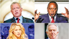 Một số nhân vật trong Hồ sơ Pandora: Quốc vương Jordan Abdullah II, Tổng thống Uhuru Kenyatta, ca sĩ Colombia Shakira và cựu Thủ tướng Anh Tony Blair (trái sang phải, trên xuống dưới)