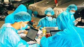 Sinh viên ngành y tại TPHCM tình nguyện tham gia chống dịch Covid-19 đang nhập liệu tại điểm cách ly vào tháng 7-2021. Ảnh: THÁI PHƯƠNG
