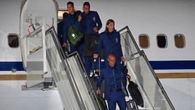 Brazil’s Firmino, Danilo, Filipe Luis and Miranda descend from the plane upon the team’s arrival at Sochi airport, in Russia on June 11, 2018, ahead of the FIFA World Cup. — AFP Photo