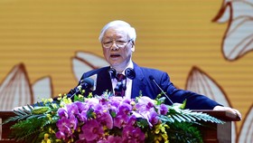 Tổng Bí thư, Chủ tịch nước Nguyễn Phú Trọng đọc diễn văn tại lễ kỷ niệm. Ảnh: QUANG PHÚC