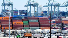 Bốc dỡ container hàng hóa tại cảng Long Beach, California, Mỹ. Ảnh: AFP/ TTXVN