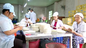 Lao động nông thôn làm việc trong một hợp tác xã sản xuất bánh tráng ở huyện Củ Chi
