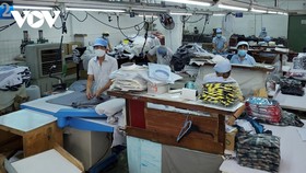 Công nhân Công ty Cổ phần may Bình Minh thực hiện cách giãn ở nhà xưởng sản xuất.