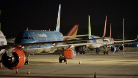 Máy bay bọc kín động cơ, "đắp chiếu" tại sân bay Nội Bài vì không khai thác dài ngày do dịch COVID-19 - Ảnh: HOÀNG ANH