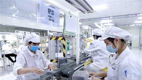 Sản xuất linh kiện điện tử. (Ảnh: Hoàng Hùng/TTXVN)