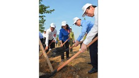 Bí thư Thành ủy TPHCM Nguyễn Thiện Nhân cùng các đồng chí lãnh đạo thành phố trồng cây tại quận Thủ Đức. Ảnh: VIỆT DŨNG