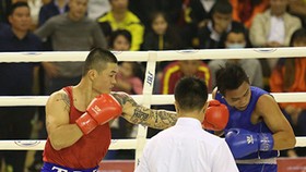 Võ sĩ Trương Đình Hoàng (trái) hạ Bùi Ngọc Phượng chỉ trong vòng 1 phút ở trận chung kết hạng cân 81kg nam. Ảnh: NVCC