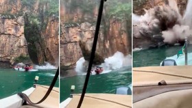 Ít nhất 5 người thiệt mạng và hàng chục người khác đã mất tích sau khi một đoạn vách đá khổng lồ đổ sụp xuống 3 thuyền chở du khách tại Khu du lịch sinh thái hồ Furnas ở thành phố Capitólio. Ảnh: observatorial.com
