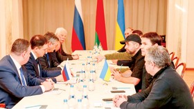 Phái đoàn Nga và Ukraine tại cuộc đàm phán ngày 28-2 tại Belarus